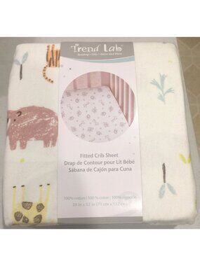 Trend Lab Fitted Crib Sheet Flannel Like Zoo Animals White Gray Blue 100% Cotton